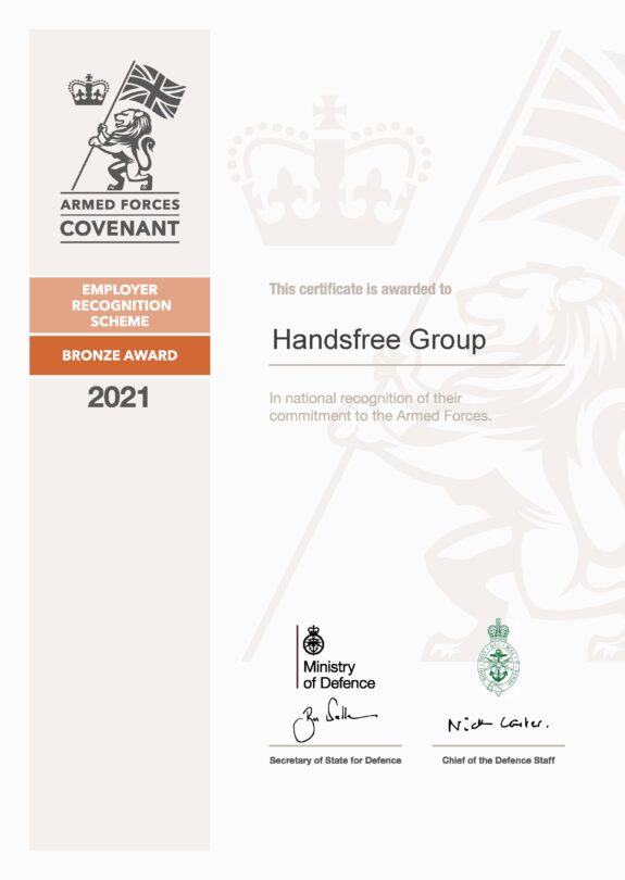 Armed Forces Covenant Employer Recognition Scheme Bronze Award Certificate 2021