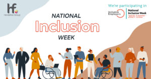 Image of a variety of people, all communicating and happy together. The text in the image states "National Inclusion Week"