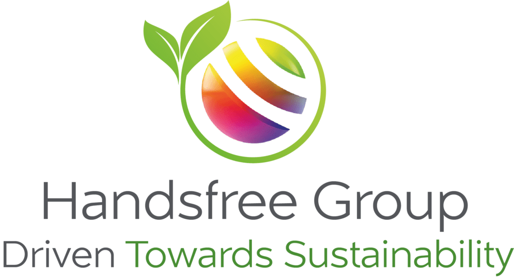 Handsfree Group's sustainability logo with a leaf and the slogan - Driven Towards Sustainability. 